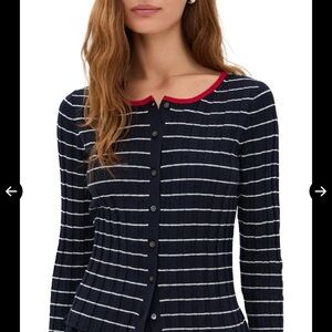 Alex Mill Navy and White Striped Button-Up Cardigan with Red Trim